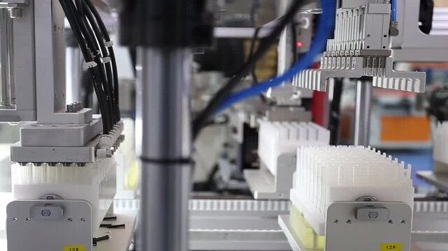 Reagent automatic technology, robotic manipulator arms with containers filled with blood in modern automated laboratory. Pharmaceutical production plant. Medical research Healthcare medicine concept.