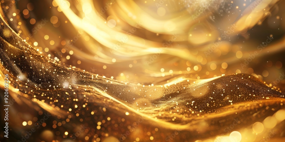 Poster a captivating abstract background with golden waves and sparkling particles that evoke a sense of wo