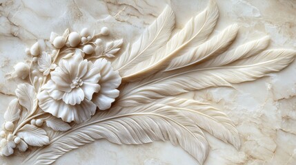 Elegant feather and floral design etched into a marble surface, suitable for refined wall art panels.