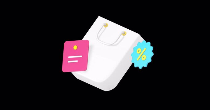 Shopping sale discount paper bag with percentage tag and bill receipt 3d animation loop with alpha channel. Shop store Black Friday price off commercial retail clearance business merchandise promo
