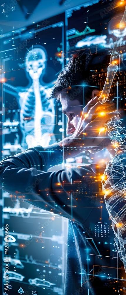 Aufkleber man looking at x-ray with digital interface.