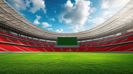 Empty big screen in a football stadium, with no people around, reflecting a moment of quiet before the action.