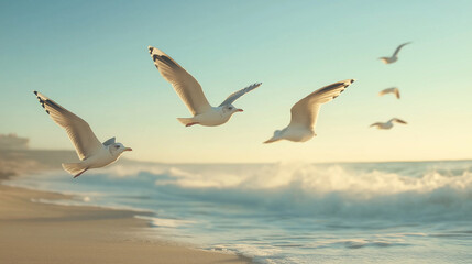 Naklejka premium A flock of seagulls soaring above the shoreline, with waves crashing in the background, representing the coastal environment