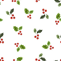 Christmas red holly berries and green leaves seamless pattern watercolor vector background 