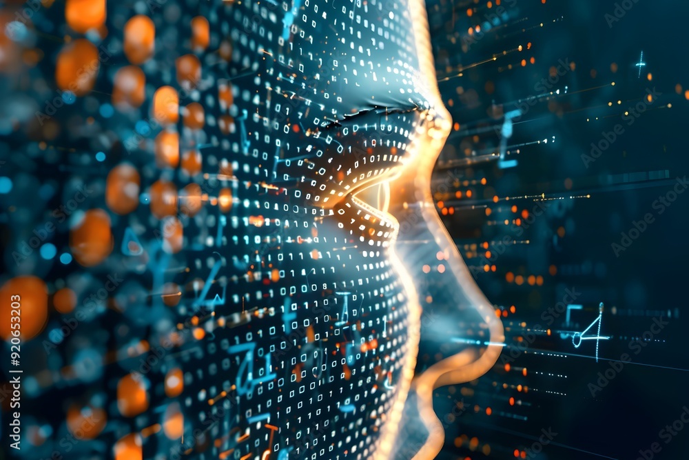 Poster digital human face in binary code.