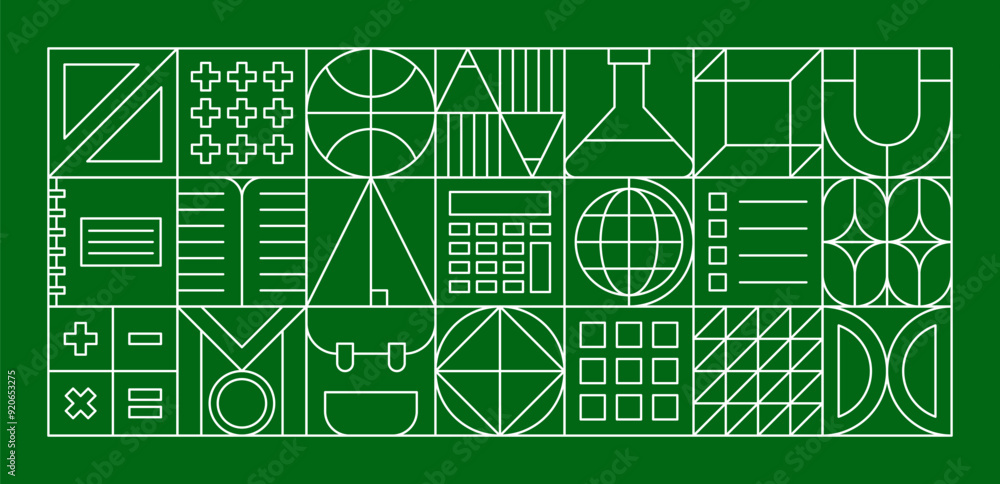 Poster school education modern geometric pattern. vector green background with abstract line shapes in squa