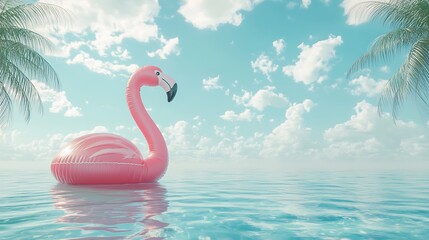 Obraz premium Pink Flamingo Inflatable Floating on Calm Ocean Water