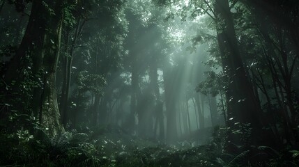 Obraz premium Overcast and Gloomy Rainy Day in a Foggy, Primal Forest