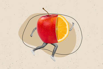 Composite collage image of funny running apple orange sprint healthy lifestyle unusual fantasy...