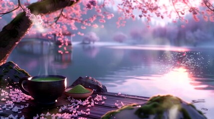 Matcha tea overlooking a cherry blossom tree near serene pond. Looping 4k video animation background