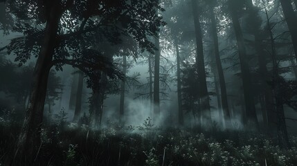 Obraz premium Overcast and Gloomy Rainy Day in a Foggy, Primal Forest