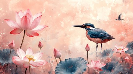 Naklejka premium A blue-orange bird painting, depicted perched on a branch, dripping with water