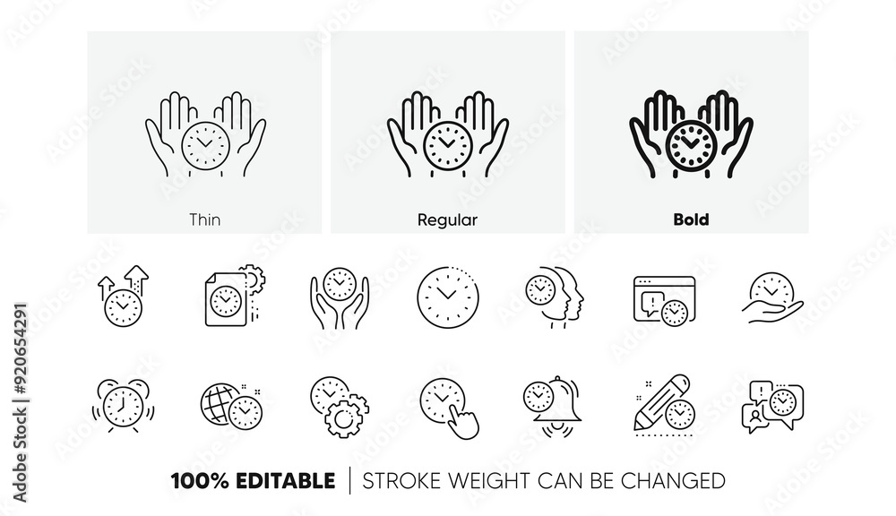 Poster alarm clock, timer plan and project deadline signs. time management line icons. countdown clock and 