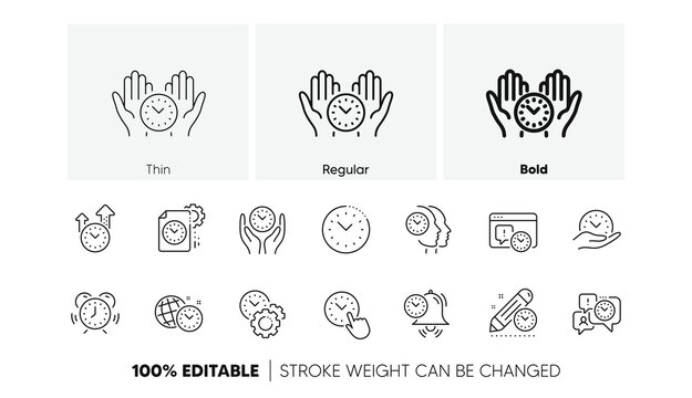 Alarm clock, timer plan and project deadline signs. Time management line icons. Countdown clock and appointment reminder icons. Linear set. Line icons set. Vector