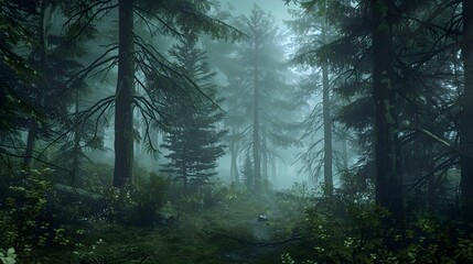 Obraz premium Overcast and Gloomy Rainy Day in a Foggy, Primal Forest