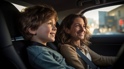 Mother and Son Talking in Car, Front Seats