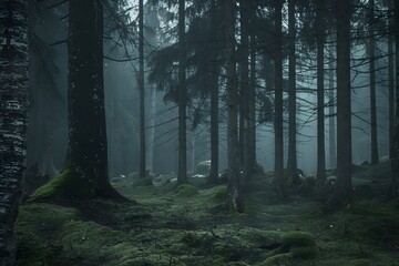 Fototapeta premium Overcast and Gloomy Rainy Day in a Foggy, Primal Forest