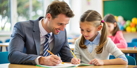A male teacher helps a young girl with her studies in a classroom setting, symbolizing education, learning, mentorship, and positive student-teacher relationships