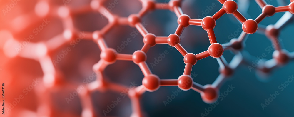 Poster molecular structure visualization, intricately connected atoms and bonds highlighted in vivid red to
