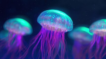 Vibrant Glowing Jellyfish Underwater - Bioluminescent Marine Life in Deep Ocean - Mesmerizing Neon Colors and Ethereal Beauty - Captivating Aquatic Scene with Luminescent Tentacles