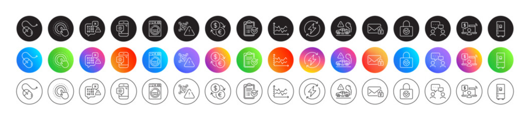 Fototapeta premium People chatting, Refrigerator and Weather phone line icons. Round icon gradient buttons. Pack of Qr code, Survey checklist, Computer mouse icon. Online shopping, Laundry, Secure mail pictogram. Vector