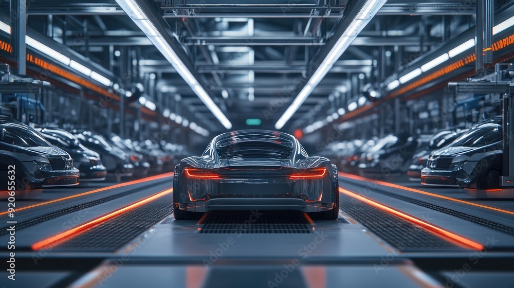 Poster futuristic factory with automated robotics assembling electric cars, highlighting production efficie