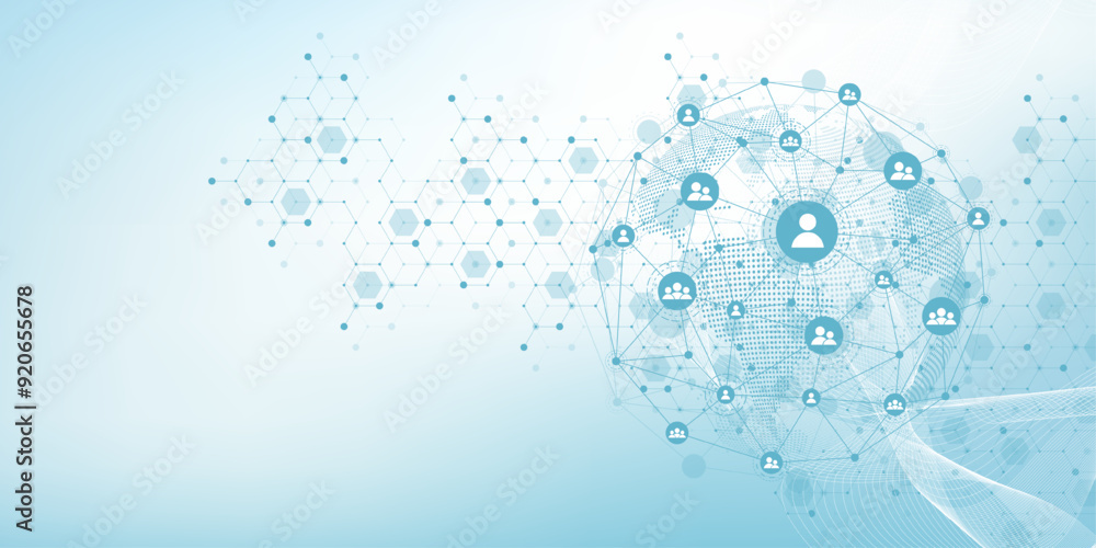 Fototapete Global network connection concept. Big data visualization. Social network communication in the global computer networks. Internet technology. Business. Science. Vector illustration