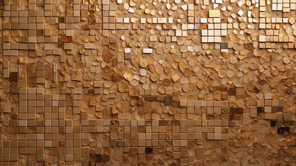 An intricate cube tile mosaic art piece featuring gold tiles, arranged in a dynamic and innovative pattern.