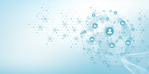 Global network connection concept. Big data visualization. Social network communication in the global computer networks. Internet technology. Business. Science. Vector illustration