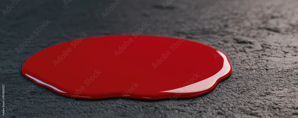 Poster vivid red paint pooling on a textured dark surface, showcasing a glossy finish, creating a striking 