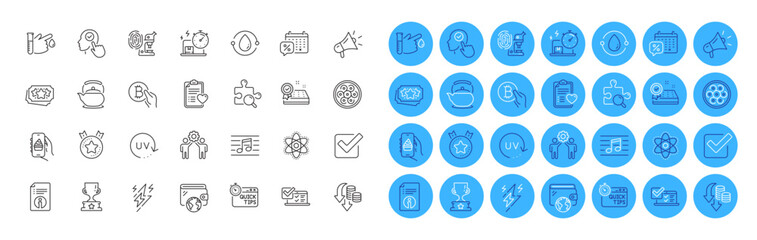 Mattress guarantee, Discounts calendar and Chemistry atom line icons pack. Teapot, Winner cup, Technical info web icon. Patient history, Search puzzle, Online survey pictogram. Vector