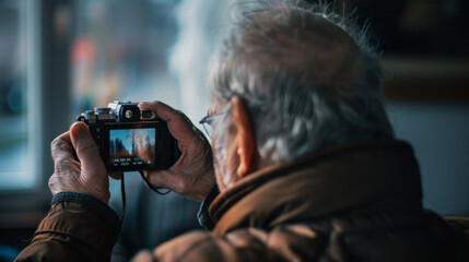 Grandfather Taking Photo with Vintage Camera, Back View