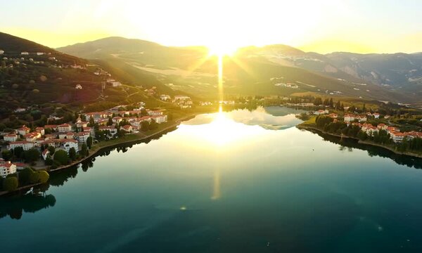Lake Orestiada sun reflexion, Kastoria Greece, region of Macedonia, aerial