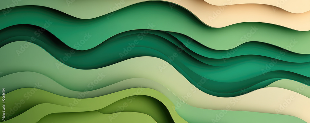 Poster flowing green waves, a dynamic abstract design featuring layered shades of green and cream, creating