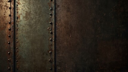 A close-up shot of an old, rusty metal wall adorned with numerous rivets, showcasing an industrial, weathered texture.