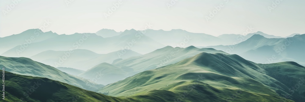 Poster hazy mountains and green undulating hills under soft, diffused light create a calming and serene atm