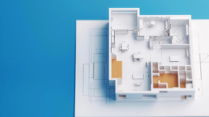 Aerial view of a white architectural model showcasing a modern house layout on a blue background for design inspiration.