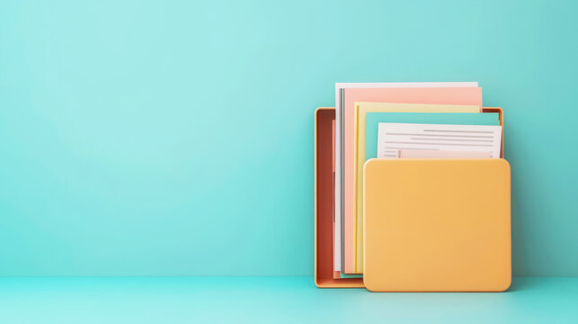 Colorful folders and papers arranged neatly against a turquoise background, perfect for office or organization themes.