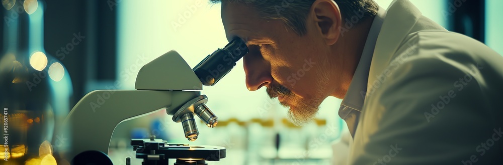 Poster a scientist examining a sample under a modern microscope in a well-lit laboratory, focusing on scien