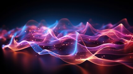 Obraz premium Vibrant, abstract composition with flowing, wavy lines in shades of pink, purple, and blue, illuminated with small sparkling particles. Fluidity, motion, and the blending of digital and organic forms.