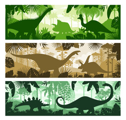 Prehistoric dinosaurs in forest silhouette landscape or Jurassic park, vector backgrounds. Cartoon prehistoric dinosaur lizards in jungle forest trees and silhouettes of stegosaurus and brontosaurus © Vector Tradition