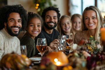 Happy multiracial extended family has fun and laughs while gathering for Thanksgiving in dining room, Generative AI