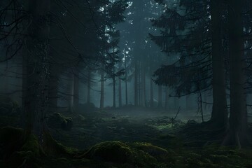 Fototapeta premium Overcast and Gloomy Rainy Day in a Foggy, Primal Forest