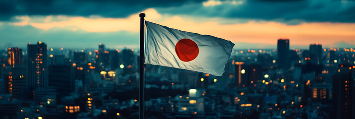 Japanese flag on a flagpole, surrounded by a traditional Japanese city at night