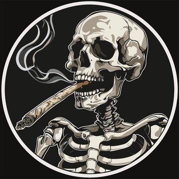 Skeleton smoking a blunt with smoke curling up, in a circular black and white icon.
