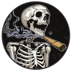 Skeleton smoking a blunt with smoke curling up, in a circular black and white icon.
