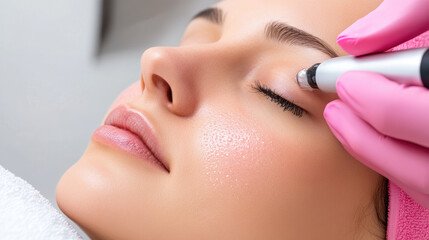 Facial treatment session showcasing a close-up of a womans serene face as a beauty therapist performs microneedling for skin rejuvenation and hydration.