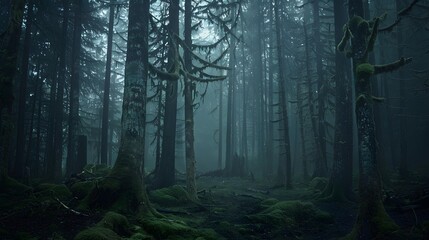 Overcast and Gloomy Rainy Day in a Foggy, Primal Forest