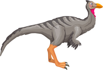 Pelecanimimus prehistoric dinosaur. Isolated cartoon vector bird-like dino predator with grey plumage, elongated neck with a pink throat pouch and sharp, orange beak, slender legs with sharp claws