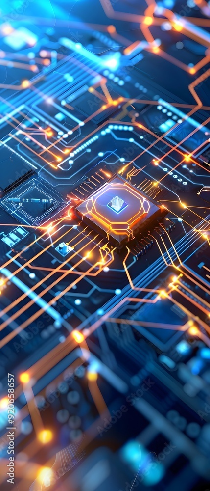 Poster circuit board with glowing lines and central processor.
